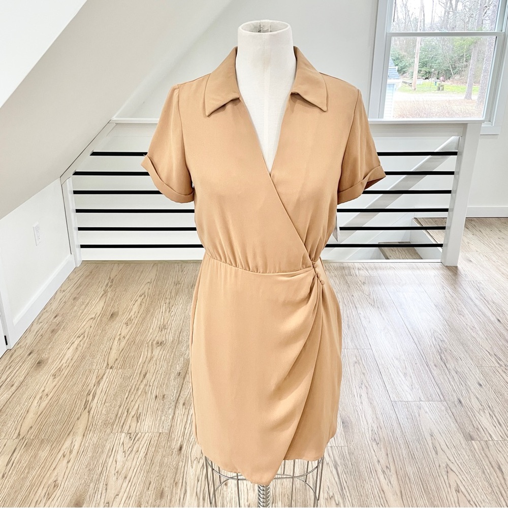 Nine West tan neutral cream beige short sleeve, V-neck collared dress